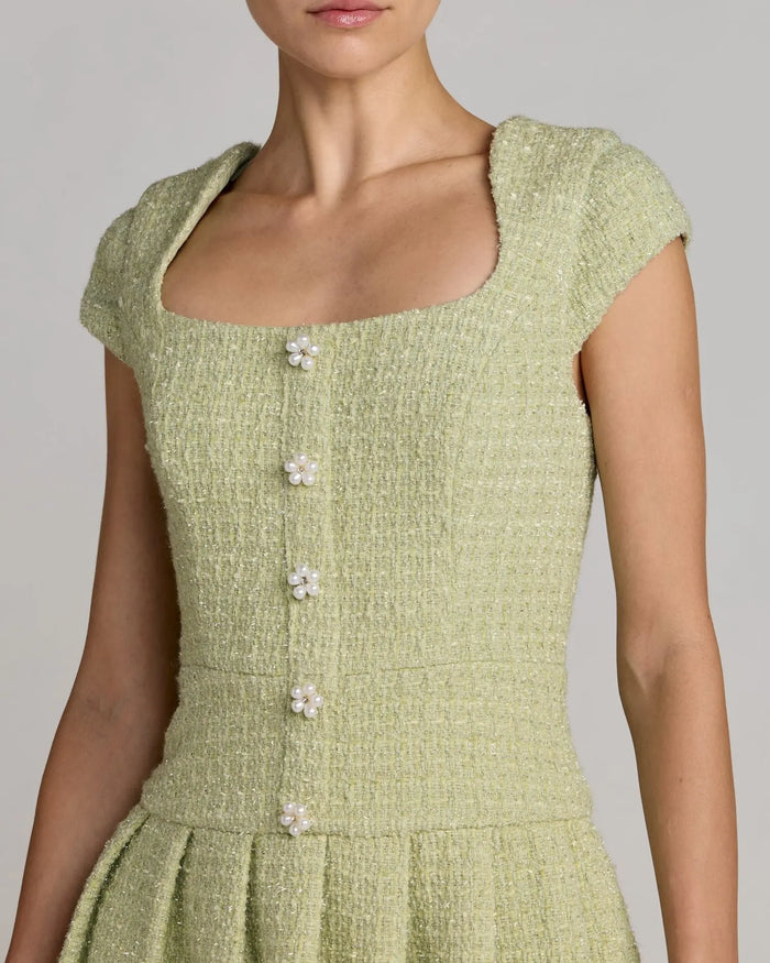 Green Tweed Cap Sleeve Pleated Mini Dress ieena for Mac Duggal