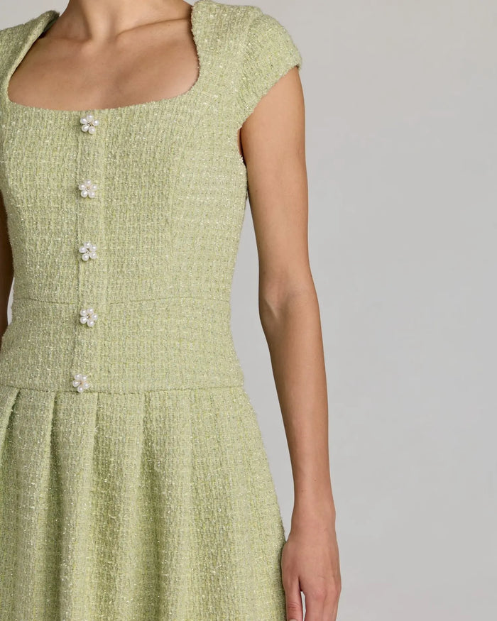 Green Tweed Cap Sleeve Pleated Mini Dress ieena for Mac Duggal