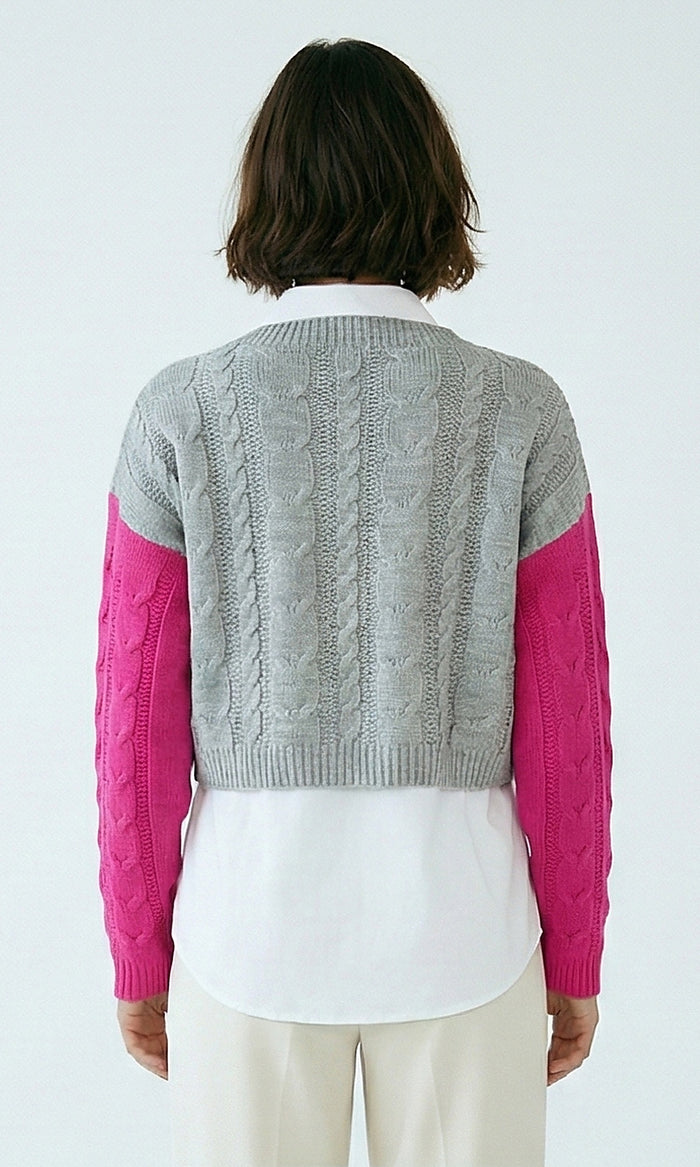 Grey and Pink Colorblock Cable Knit Cropped Pullover - O201327