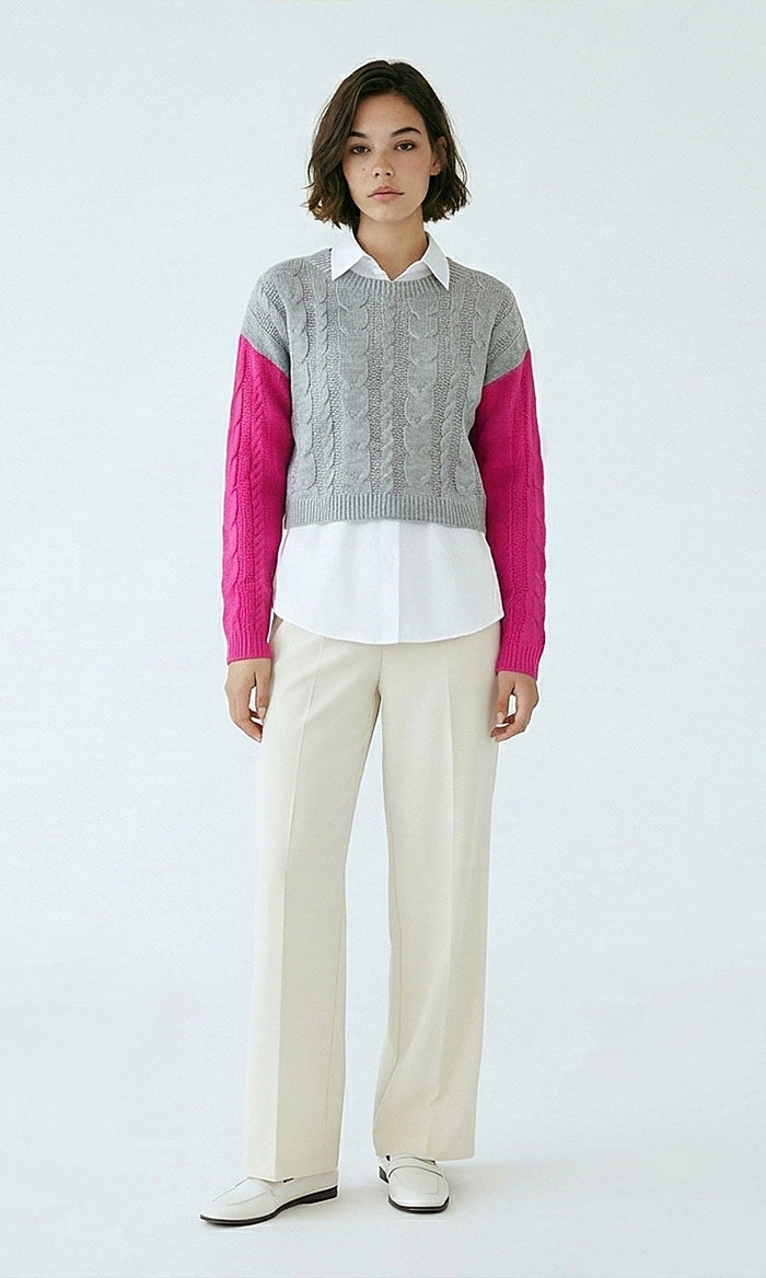 Grey and Pink Colorblock Cable Knit Cropped Pullover - O201327