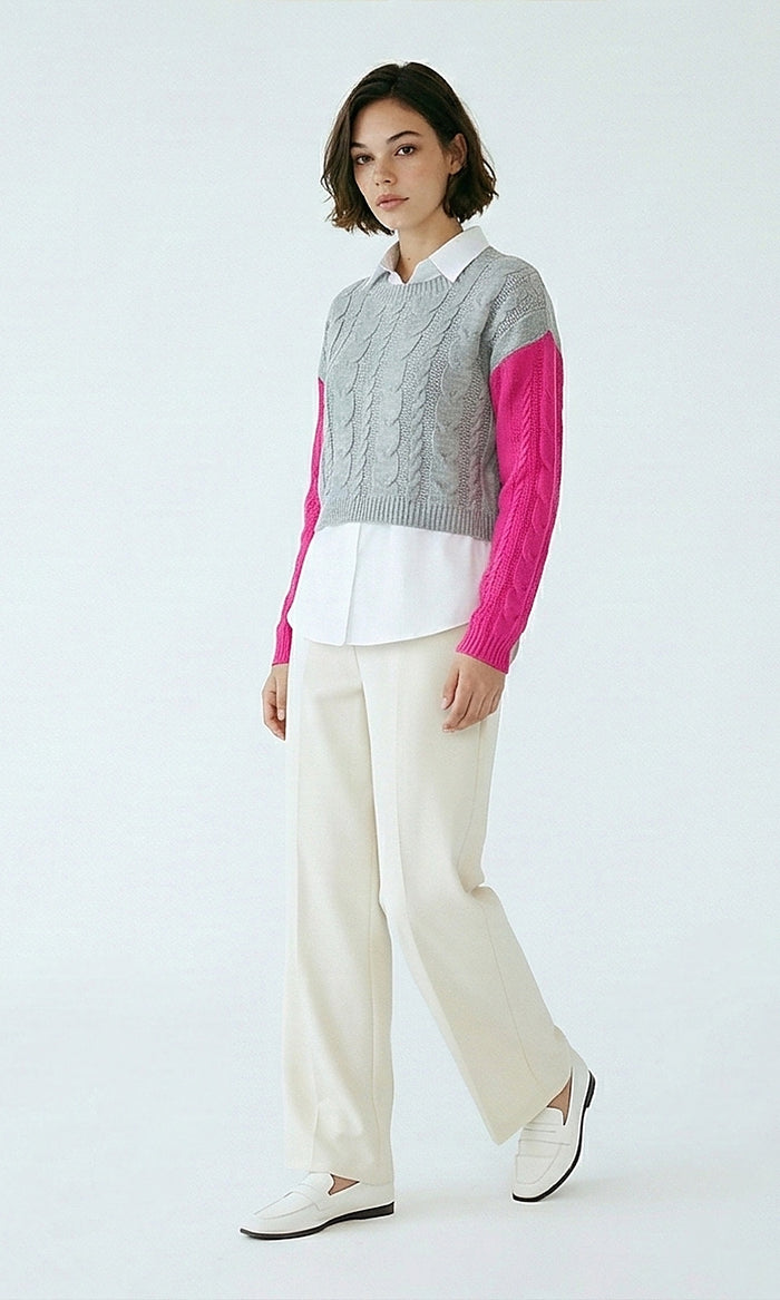 Grey and Pink Colorblock Cable Knit Cropped Pullover - O201327