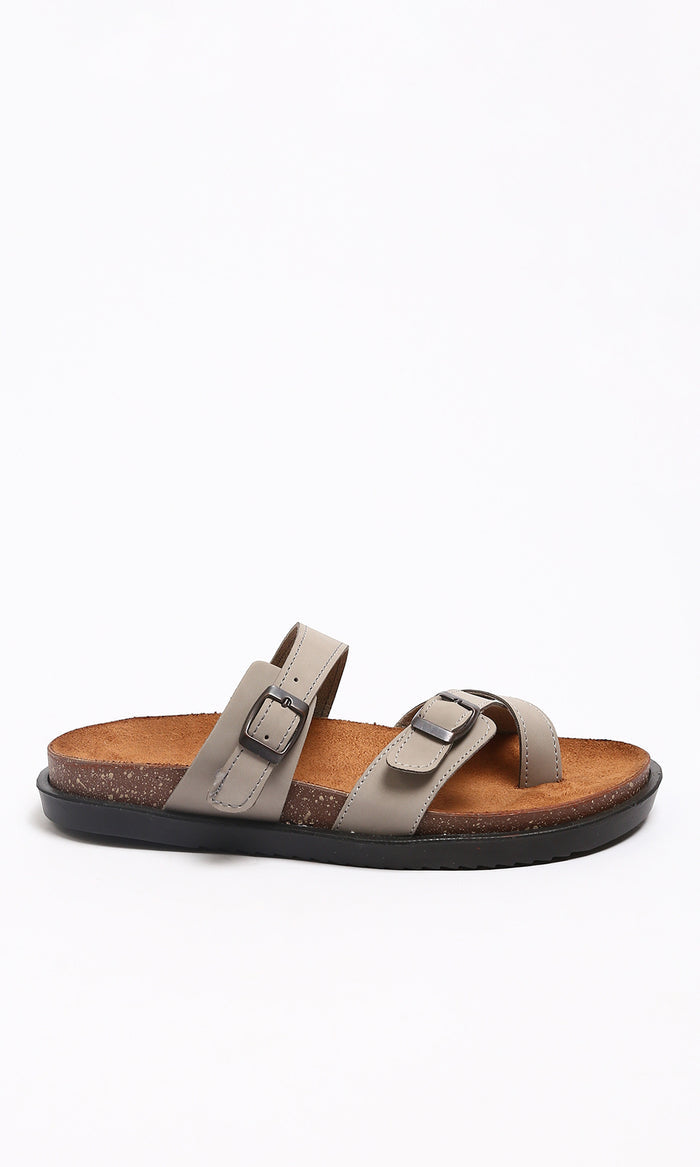 Grey Buckled Cross-Strap Fashion Slipper - R213258