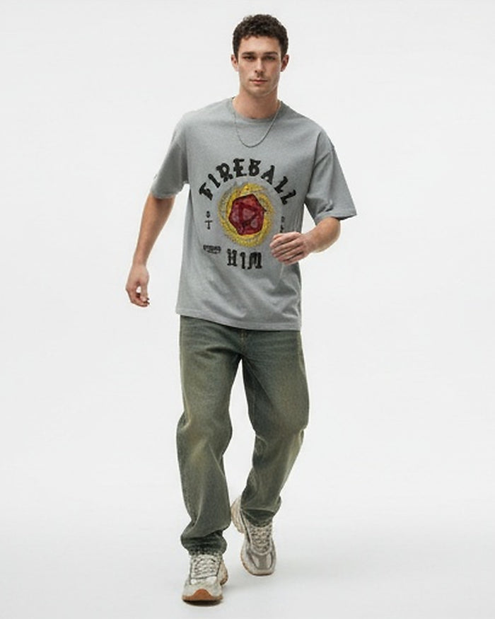 Grey Fireball Graphic Oversized T-Shirt - R216570