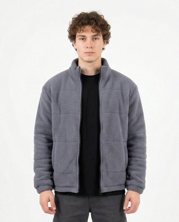 Grey Quilted Fleece Mock Neck Zip-Up Jacket - O201229