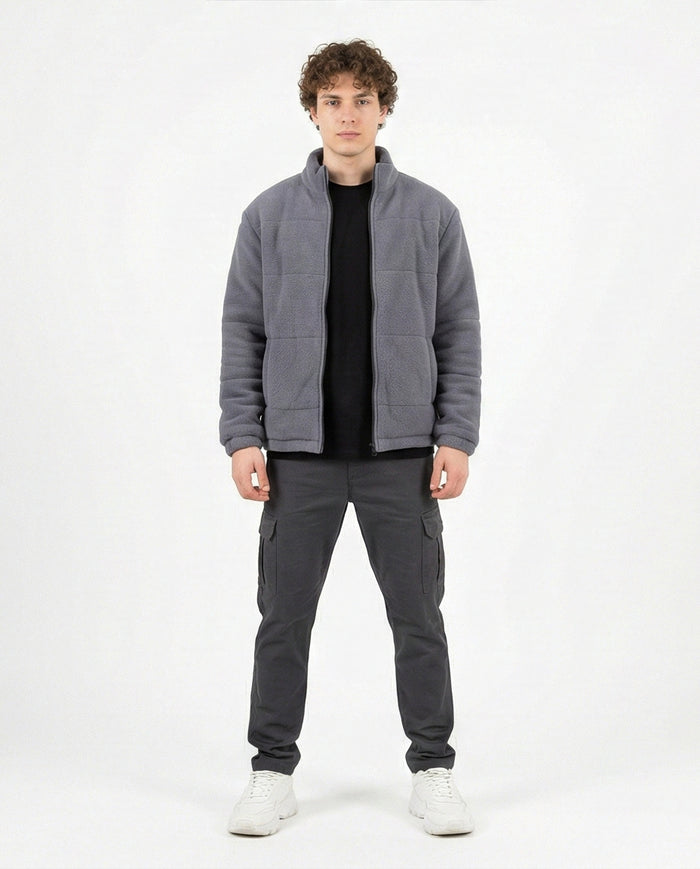 Grey Quilted Fleece Mock Neck Zip-Up Jacket - O201229
