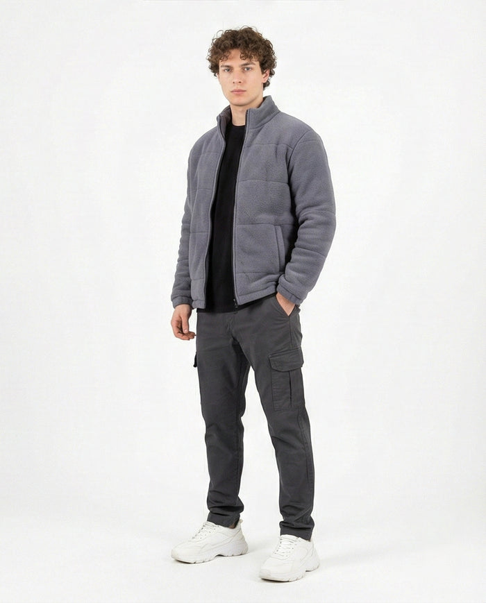 Grey Quilted Fleece Mock Neck Zip-Up Jacket - O201229