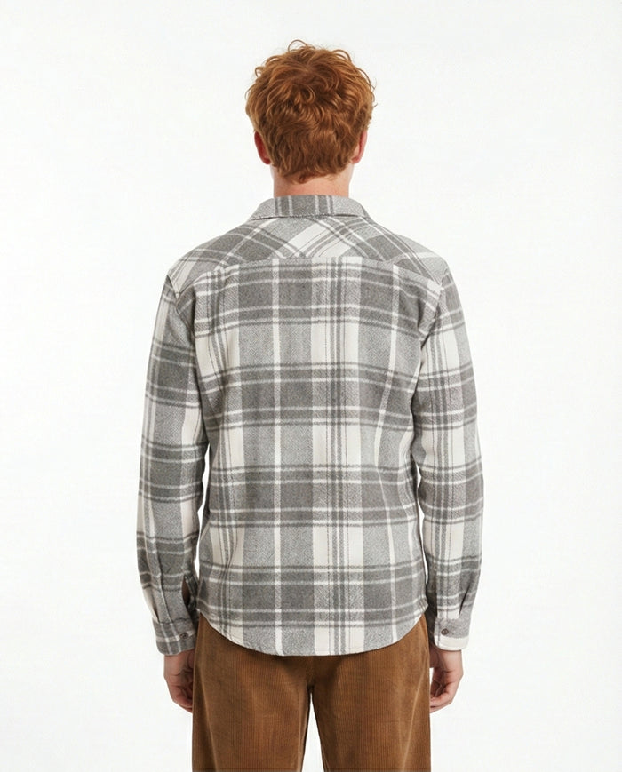 Grey & White Plaid Flannel Long Sleeve Shirt - O200604