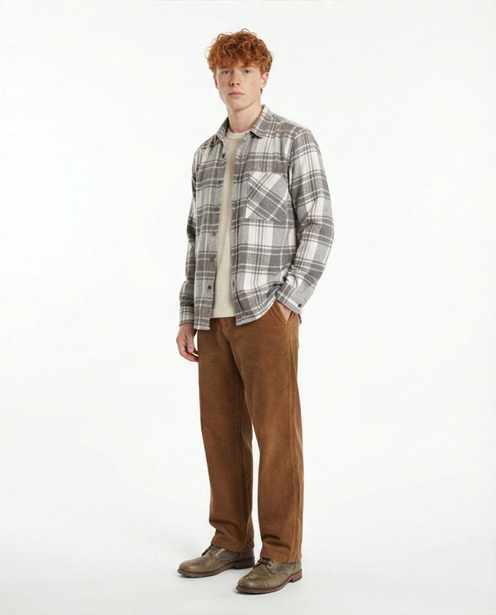 Grey & White Plaid Flannel Long Sleeve Shirt - O200604