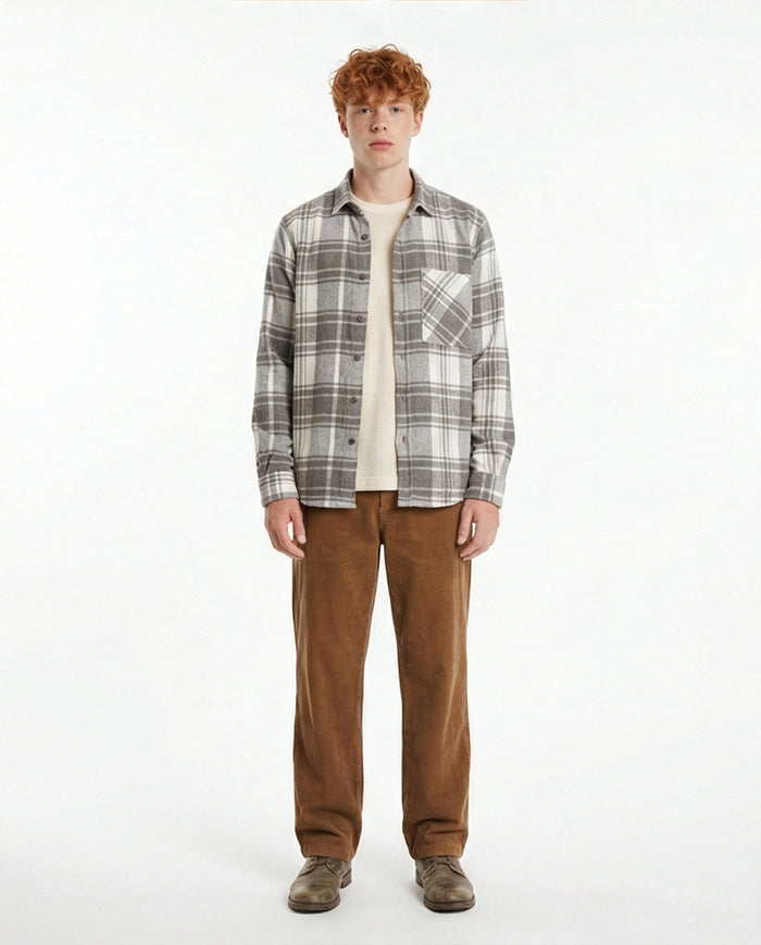 Grey & White Plaid Flannel Long Sleeve Shirt - O200604
