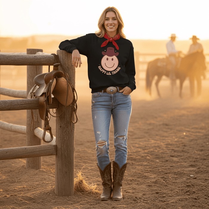 happy lil thang cowboy sweatshirt styled as a gift idea