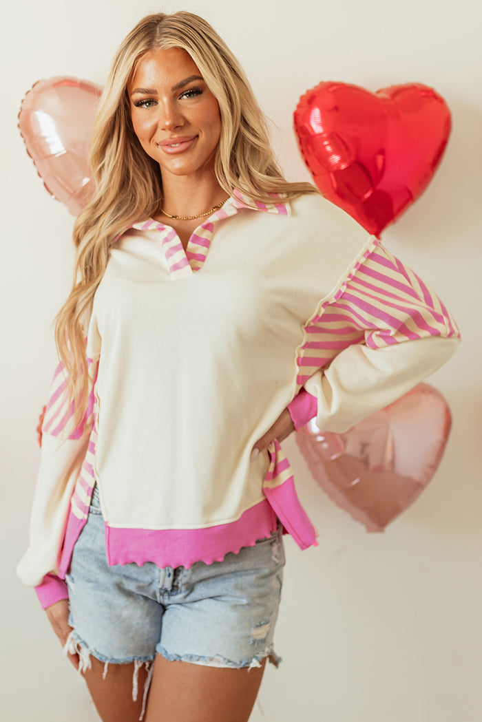 Haut en tricot French Terry à col patchwork et rayures roses