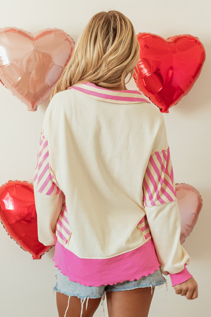 Haut en tricot French Terry à col patchwork et rayures roses