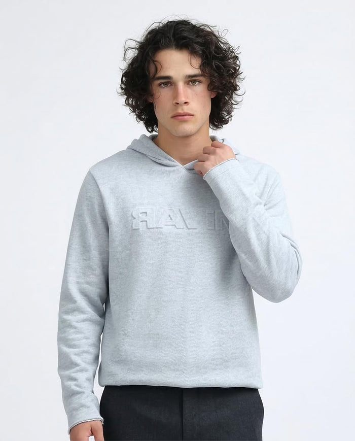 Man wearing a gray hoodie with 'Haval' branding on a light gray background