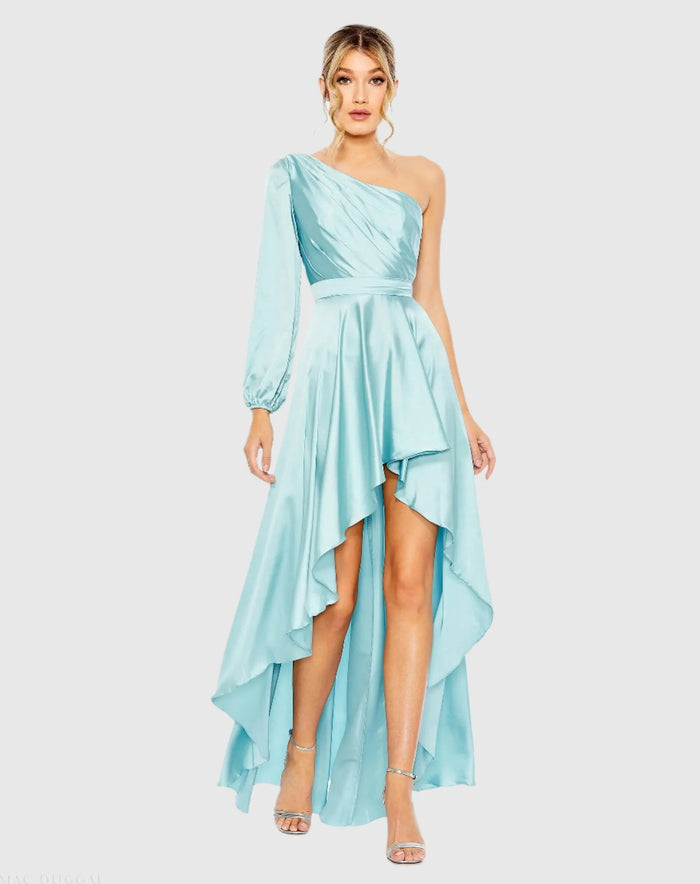 Blue Long Sleeve One Shoulder Satin High Low A-line Gown - Ieena for Mac Duggal
