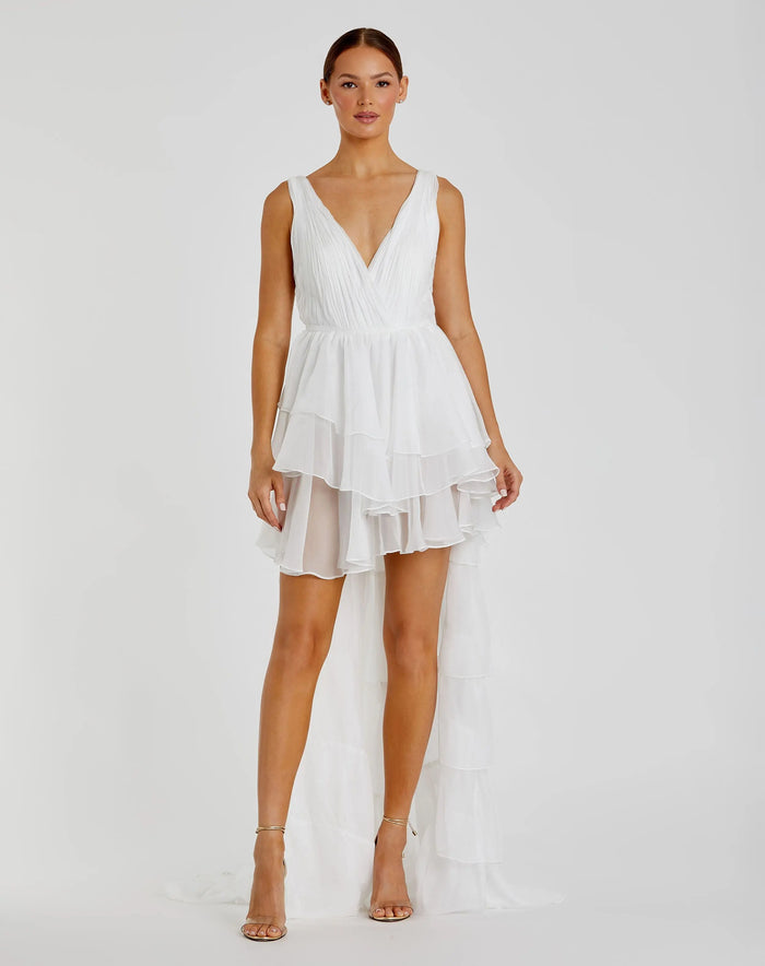 White High Low Tiered Gown with Built In Bodysuit Ieena for Mac Duggal