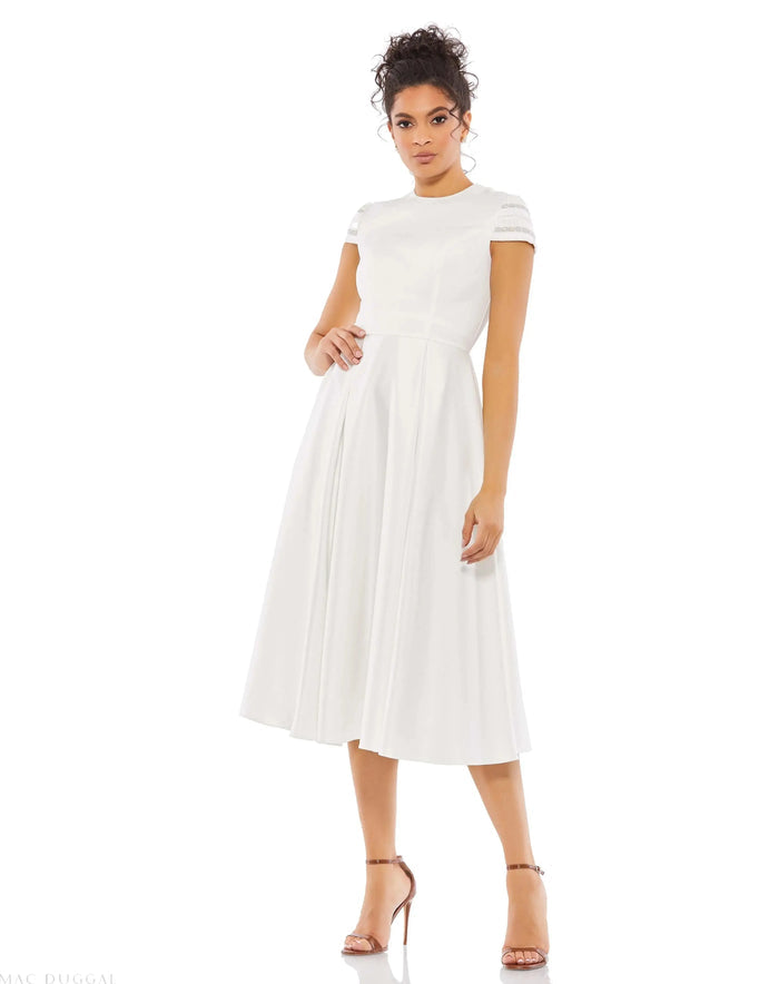 White High Neck Cap Sleeve Tea Length Dress - Ieena for Mac Duggal