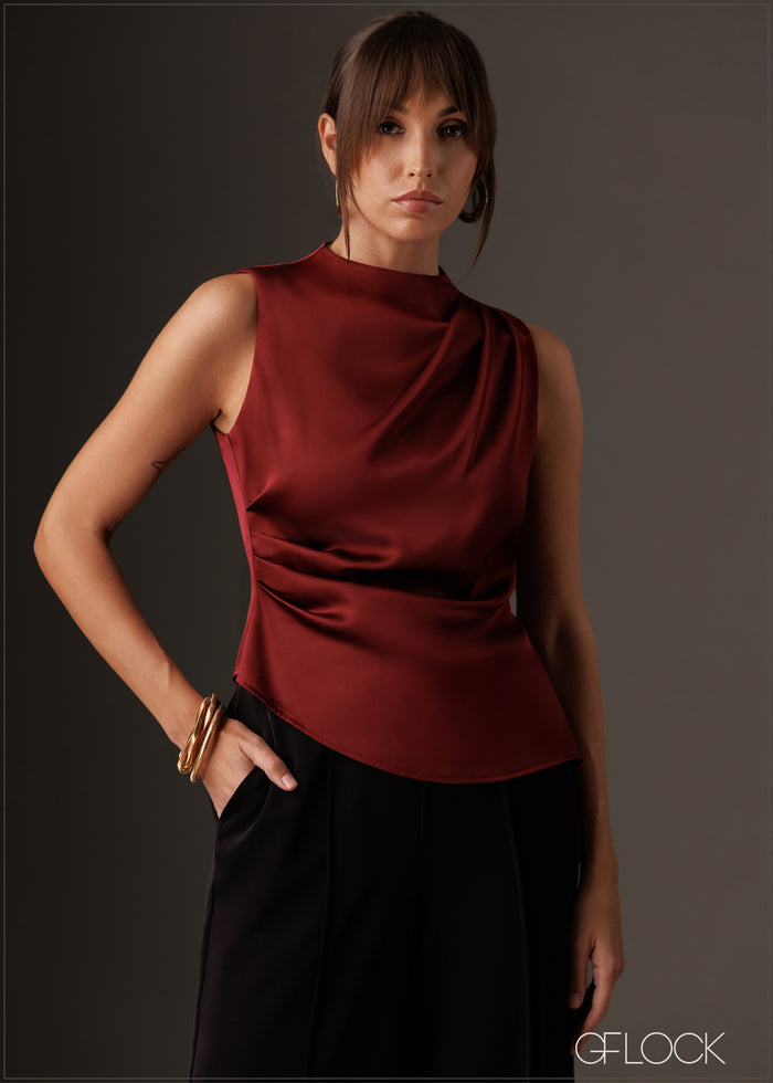 High neck pleat detailed satin top
