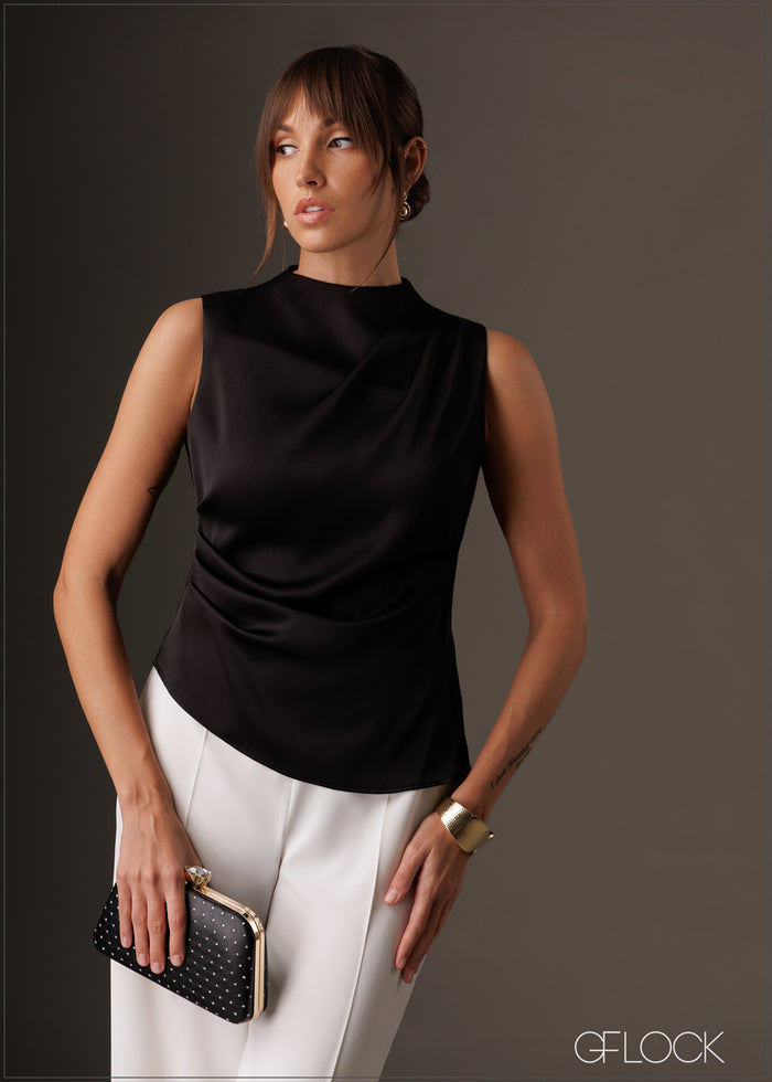 High neck pleat detailed satin top