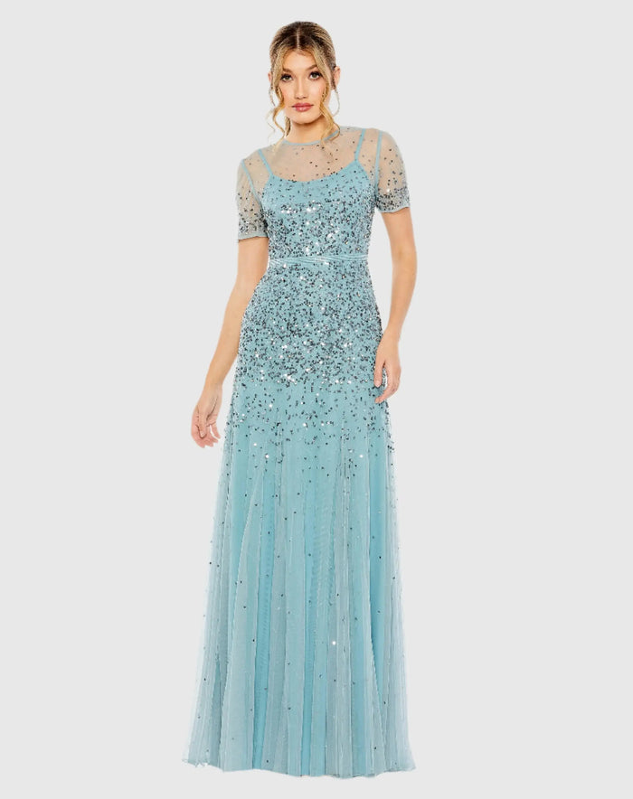 Blue High Neck Short Sleeve Sequin Embellished Gown - Mac Duggal