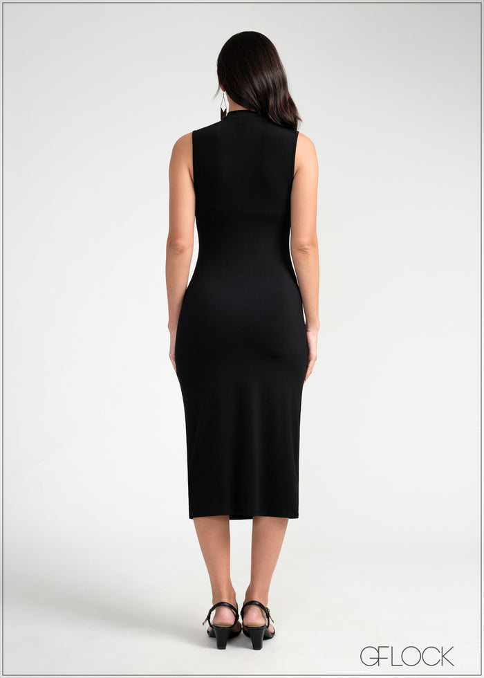 High Neck Side Pleated Midi Dress - 050925