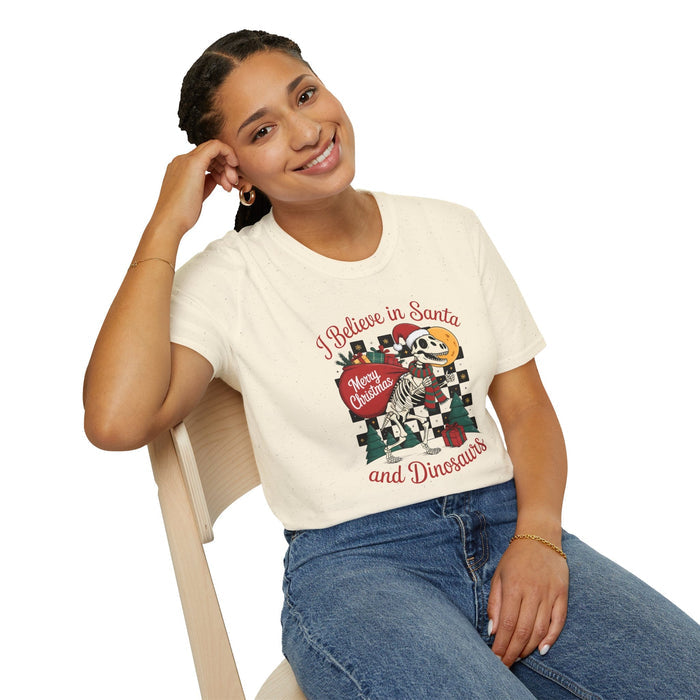 christmas t-shirt back view with santa and dinosaur graphic