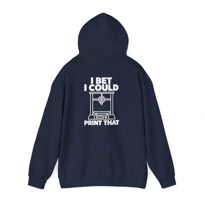 navy hoodie with I Bet I Could Print That funny 3D printing design
