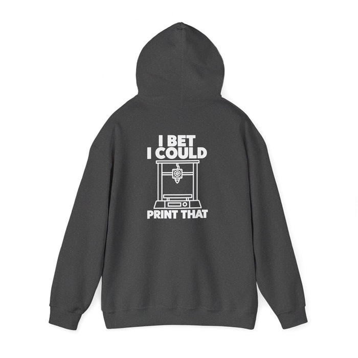 dark heather grey hoodie with I Bet I Could Print That funny 3D printing design