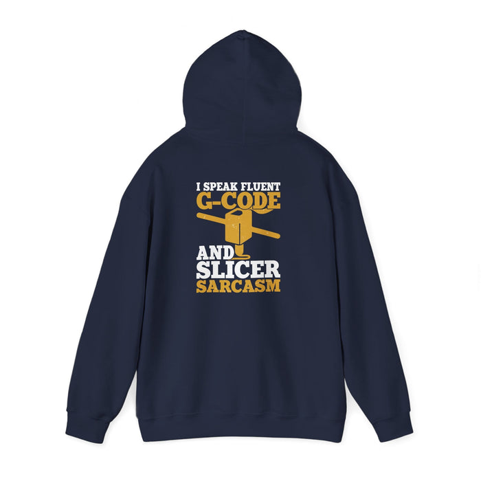 navy hoodie with G-Code and slicer software sarcasm graphic for makers and engineers