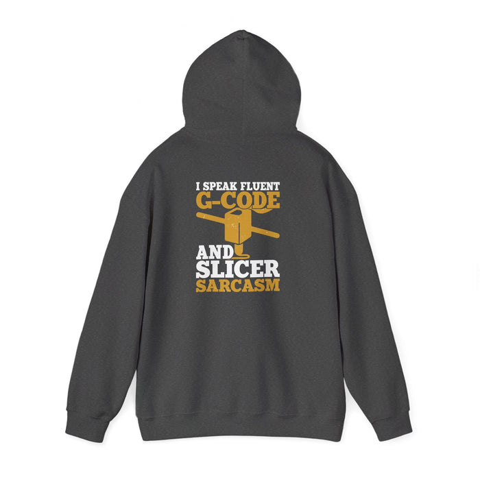 dark heather hoodie with bold fluent G-Code design for 3D printing gift