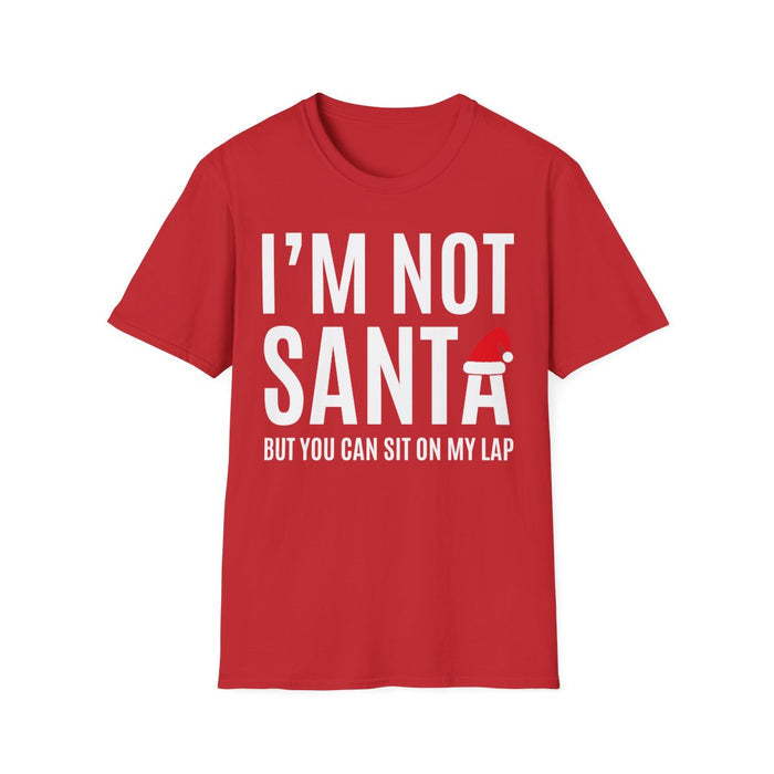 navy t-shirt with I'm Not Santa But You Can Sit on My Lap funny Christmas design
