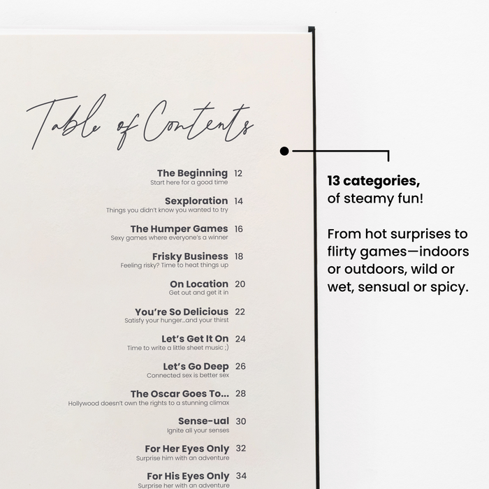 Close up of the Table of Contens showcasing 13 categories to chose from  In Bed by The Adventure Challenge – a hardcover scratch-off book featuring 50 romantic and playful challenges for couples.