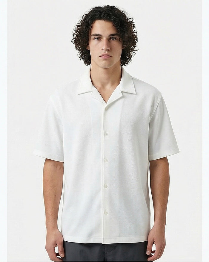 Ivory Textured Knit Camp Collar Short Sleeve Shirt - R216752