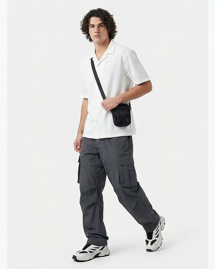 Ivory Textured Knit Camp Collar Short Sleeve Shirt - R216752