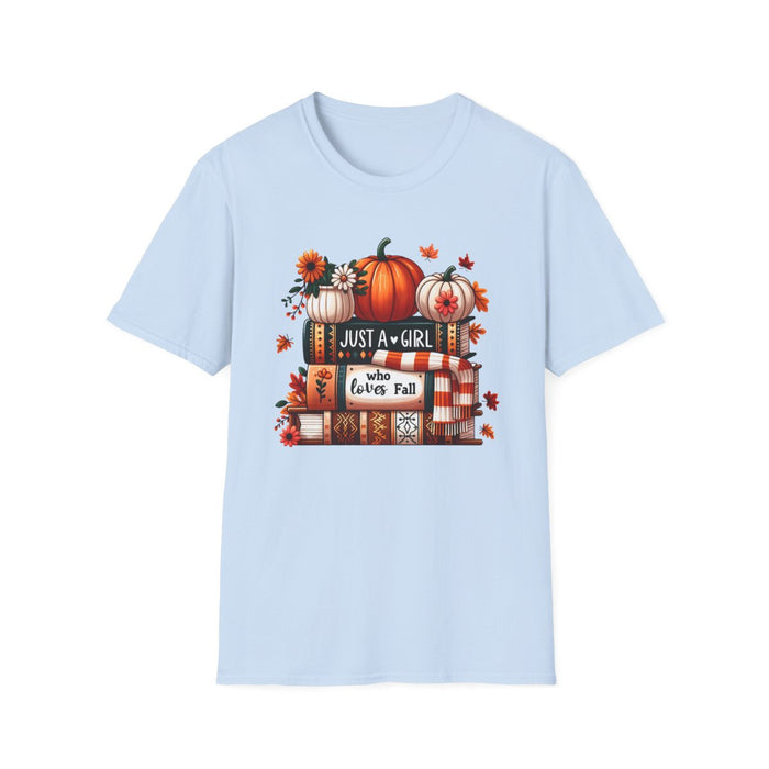 royal blue t-shirt with cosy autumn girl design