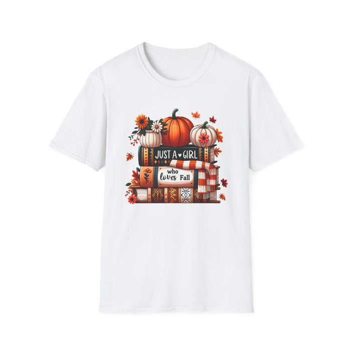 white t-shirt with pumpkin season girl design for autumn gift
