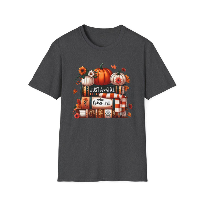 dark heather t-shirt with just a girl who loves fall design