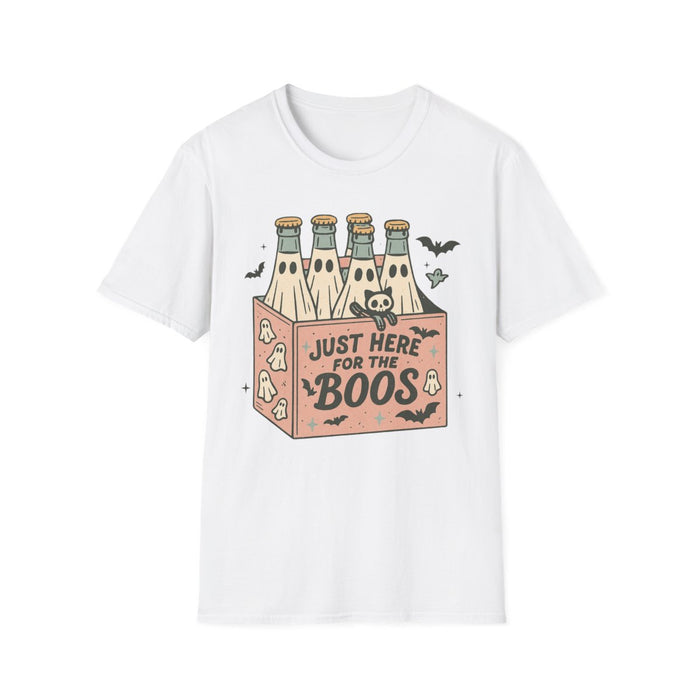 light blue t-shirt with just here for the boos ghost drink design