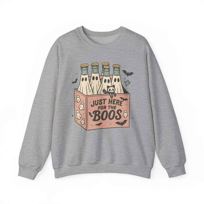 light pink sweatshirt with just here for the boos ghost bottle design
