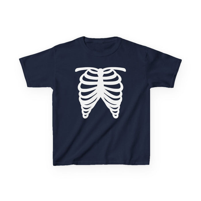 red kids t-shirt featuring skeleton rib cage halloween print