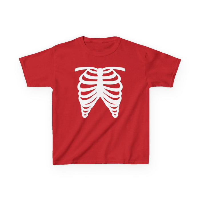 black kids t-shirt with bold white skeleton rib cage graphic
