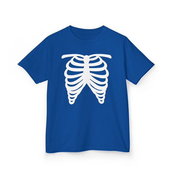 royal blue kids halloween t-shirt with skeleton rib cage design