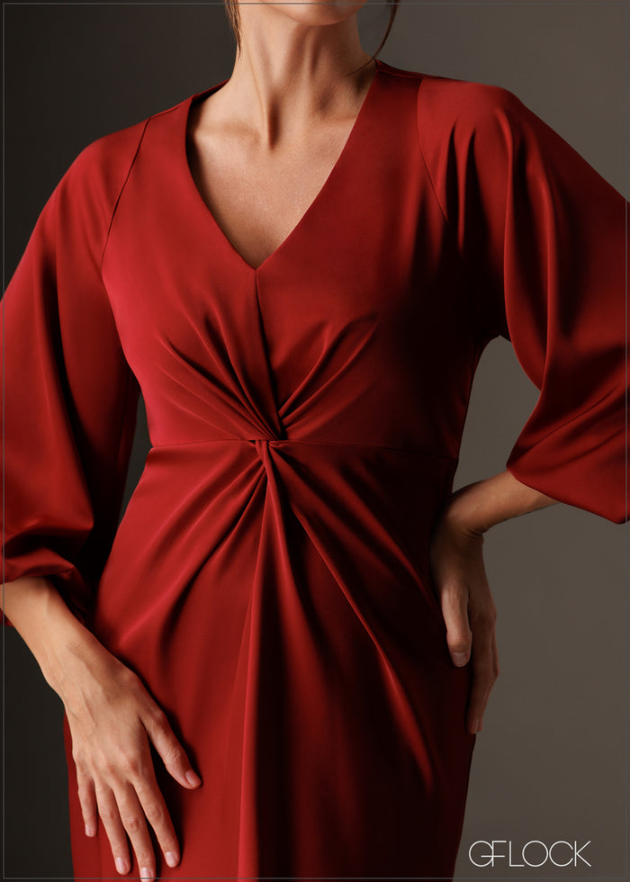 Twisted front knot detailed puff sleeve midi dress