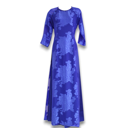 Layered Blue Embossed Flowers Ao Dai Set