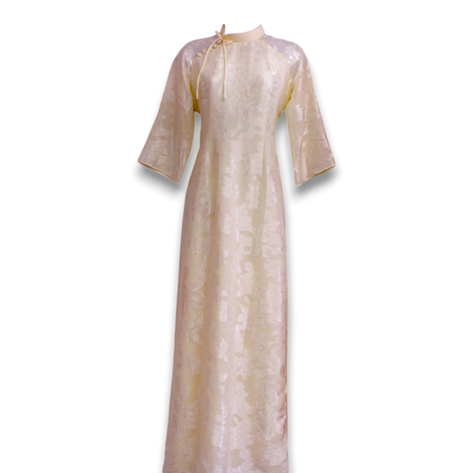 Layered Cream Embossed Flowers Ao Dai Set