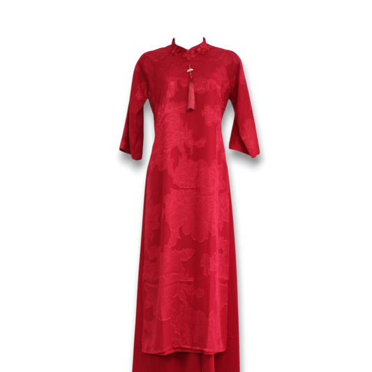 Layered Red Collared Embossed Flowers Ao Dai Set
