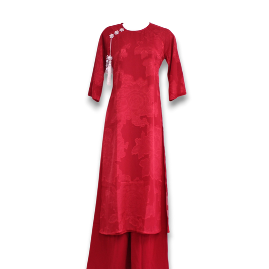 Layered Red Roundneck Embossed Flowers Ao Dai Set