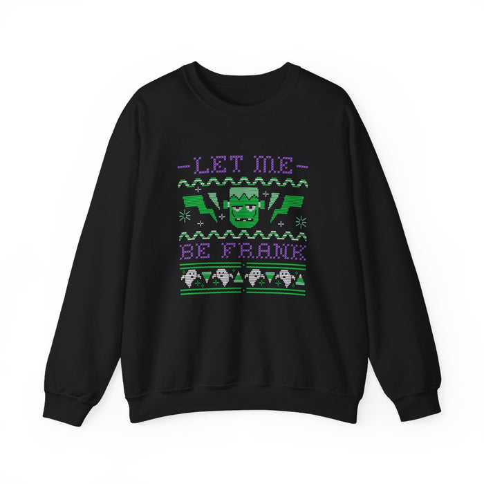 navy sweatshirt with let me be frank funny frankenstein halloween design