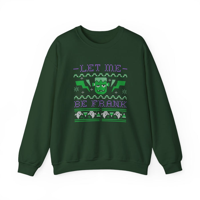 black sweatshirt with let me be frank frankenstein monster graphic for halloween
