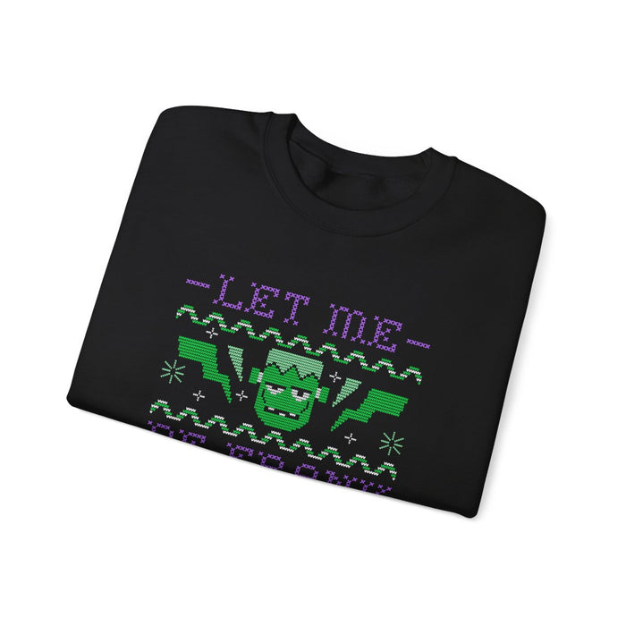 unisex halloween sweatshirt with bold let me be frank frankenstein design detail