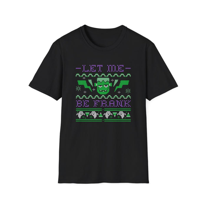 navy t-shirt with let me be frank frankenstein funny halloween design